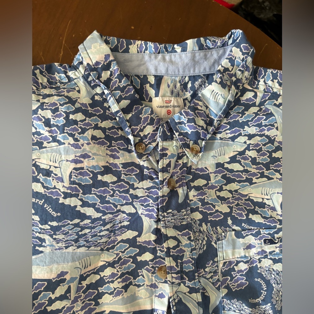 Vineyard Vines Boys XL button down. Blue with Sharks!